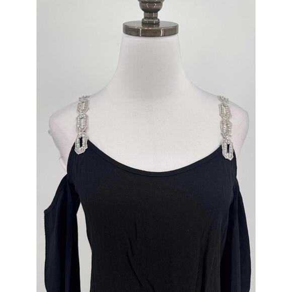 For Love and Lemons Black Cold Shoulder Sequin Strap A Line Mini Dress Sz XS - Picture 2 of 5